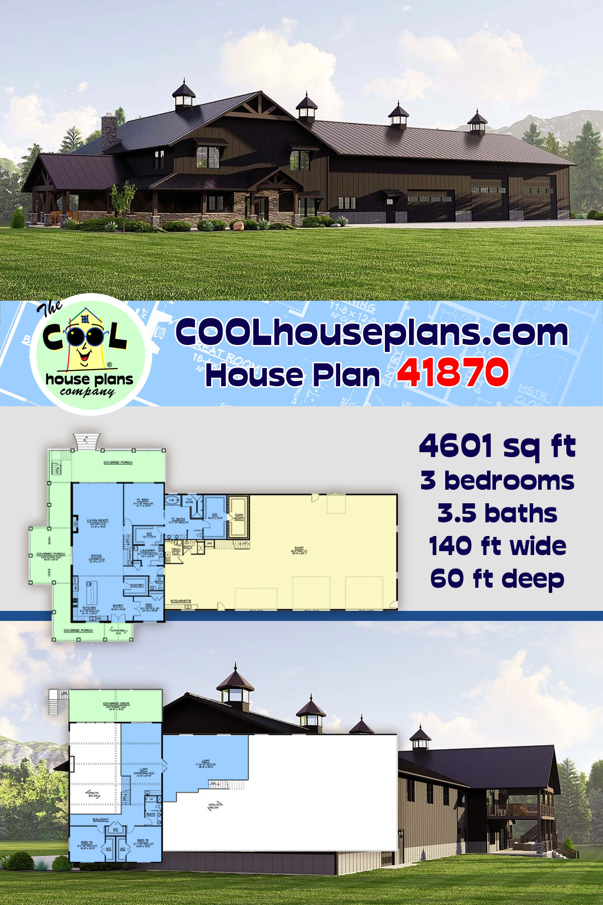 Barndominium House Plan 41870 with 3 Beds, 4 Baths, 4 Car Garage