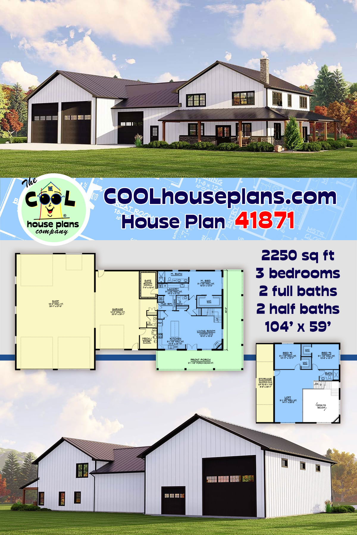 Barndominium, Country House Plan 41871 with 3 Beds, 4 Baths, 4 Car Garage