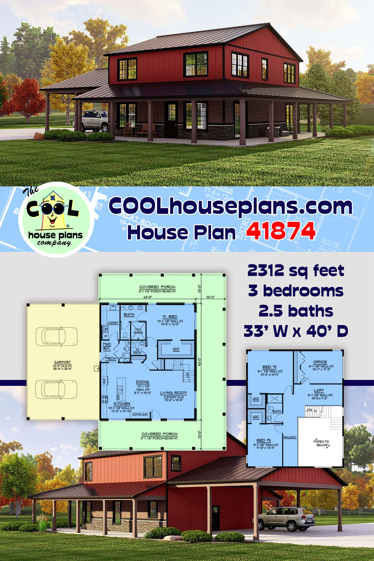 Barndominium, Country House Plan 41874 with 3 Beds, 3 Baths, 2 Car Garage