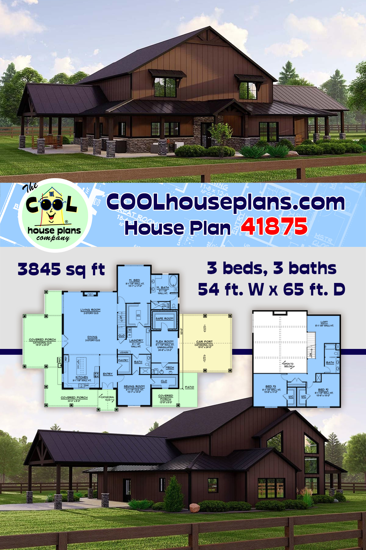 Barndominium House Plan 41875 with 3 Beds, 3 Baths, 2 Car Garage