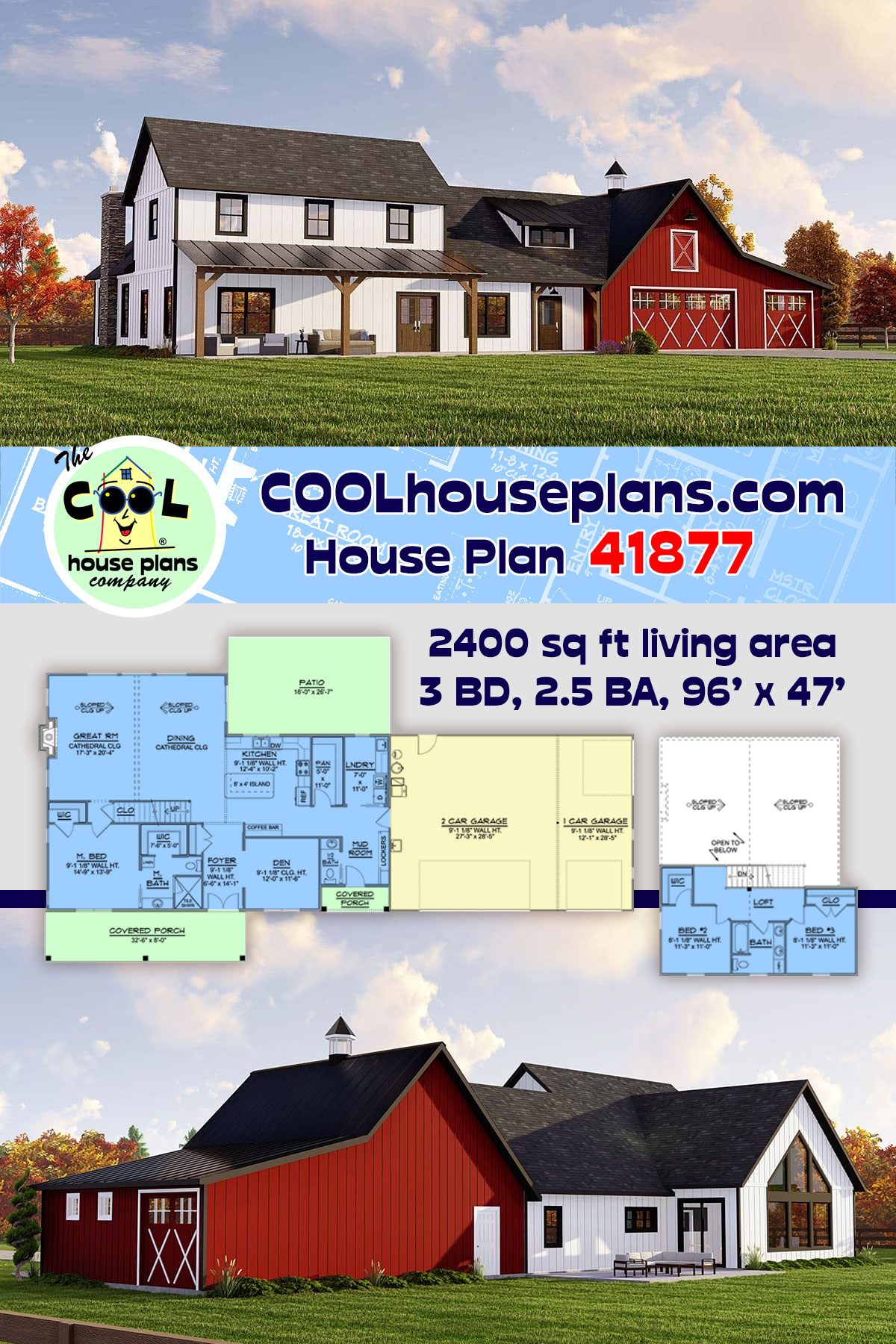 Barndominium, Farmhouse House Plan 41877 with 3 Beds, 3 Baths, 3 Car Garage