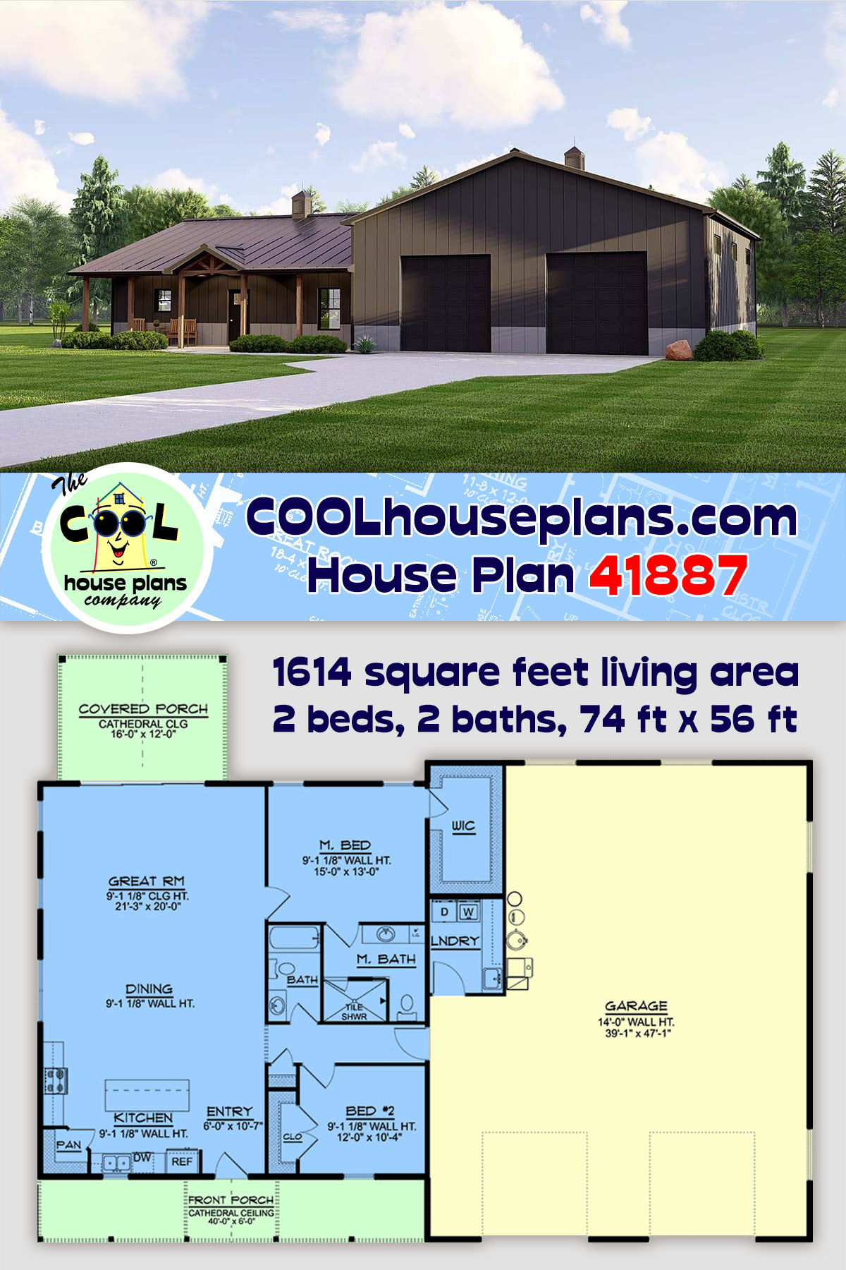 House Plan 41887 - Barndominium Style with 1614 Sq Ft, 2 Bed, 2 B ...