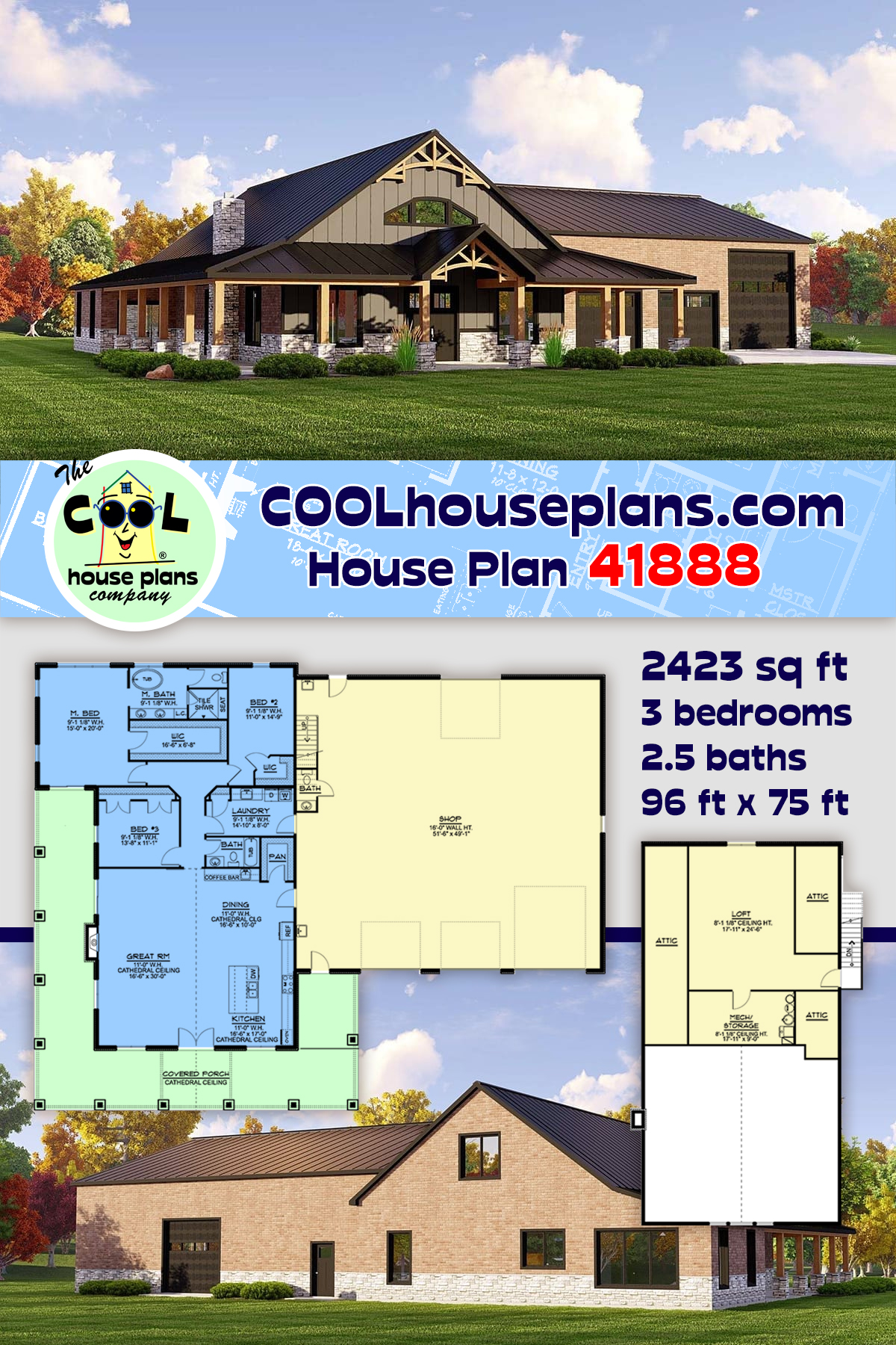 Barndominium House Plan 41888 with 3 Beds, 3 Baths, 3 Car Garage