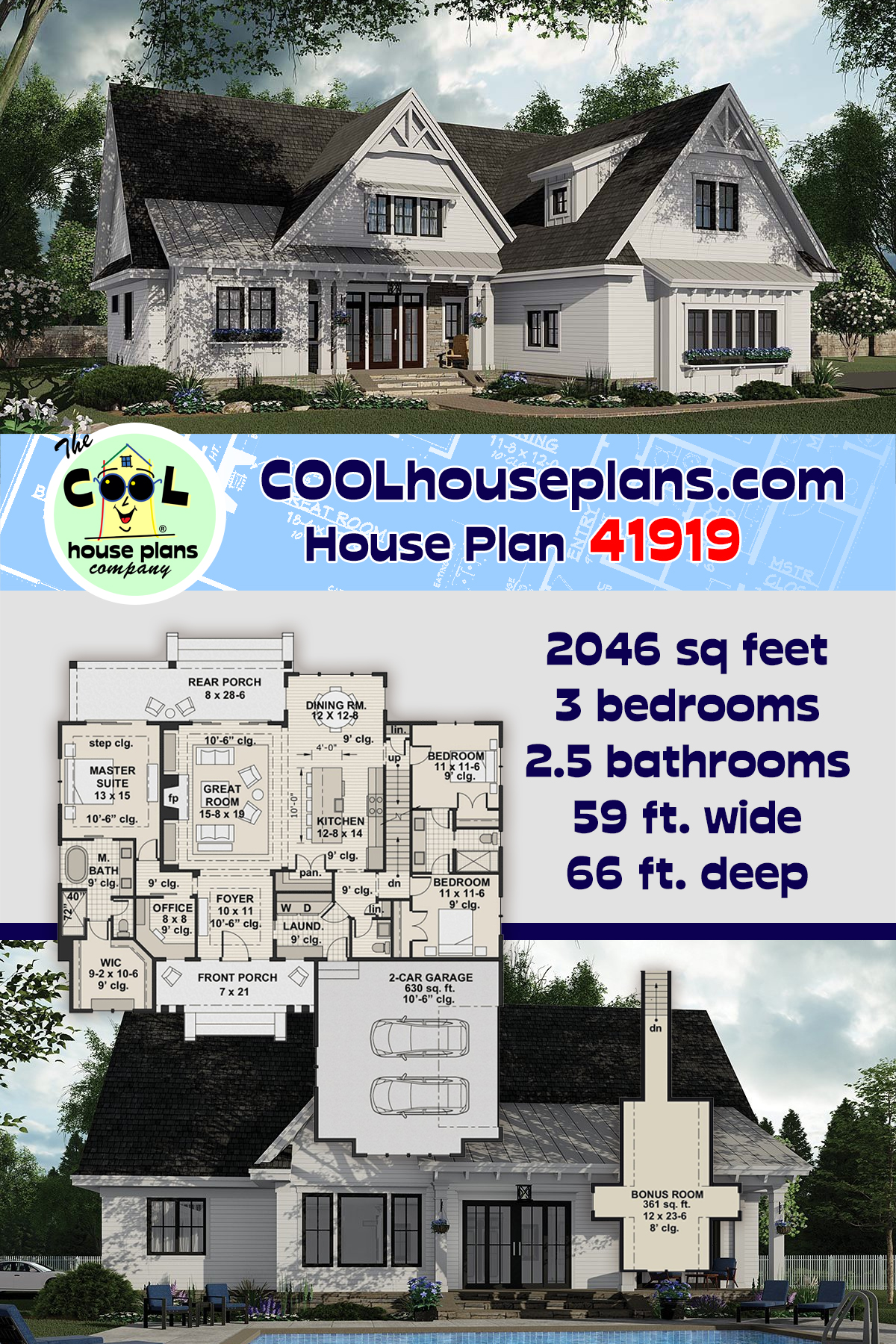 House Plan 41919 - New American Style with 2046 Sq Ft, 3 Bed, 2 B |  COOLhouseplans.com, image size:1200x1800