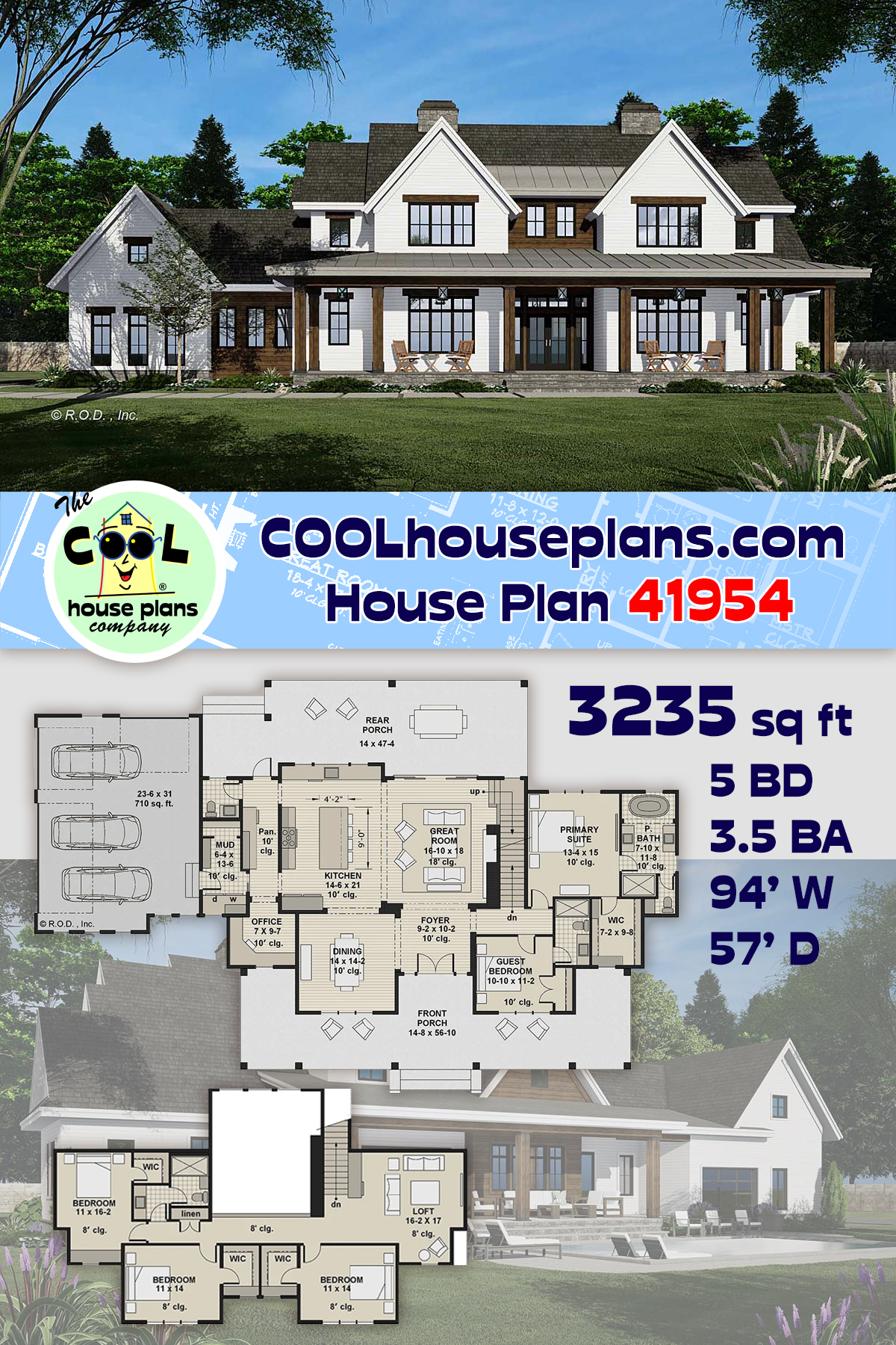 Country, Craftsman, Farmhouse House Plan 41954 with 5 Beds, 4 Baths, 3 Car Garage
