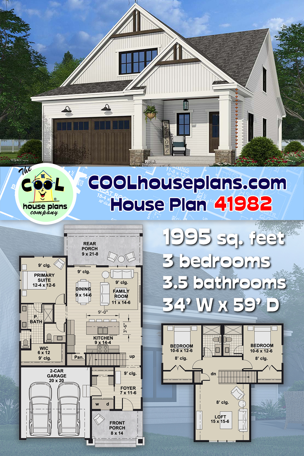 Country, Farmhouse House Plan 41982 with 3 Beds, 4 Baths, 2 Car Garage