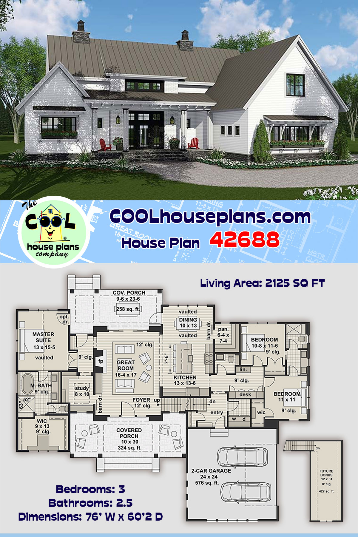 Country, Farmhouse, Southern, Traditional House Plan 42688 with 3 Beds, 3 Baths, 2 Car Garage