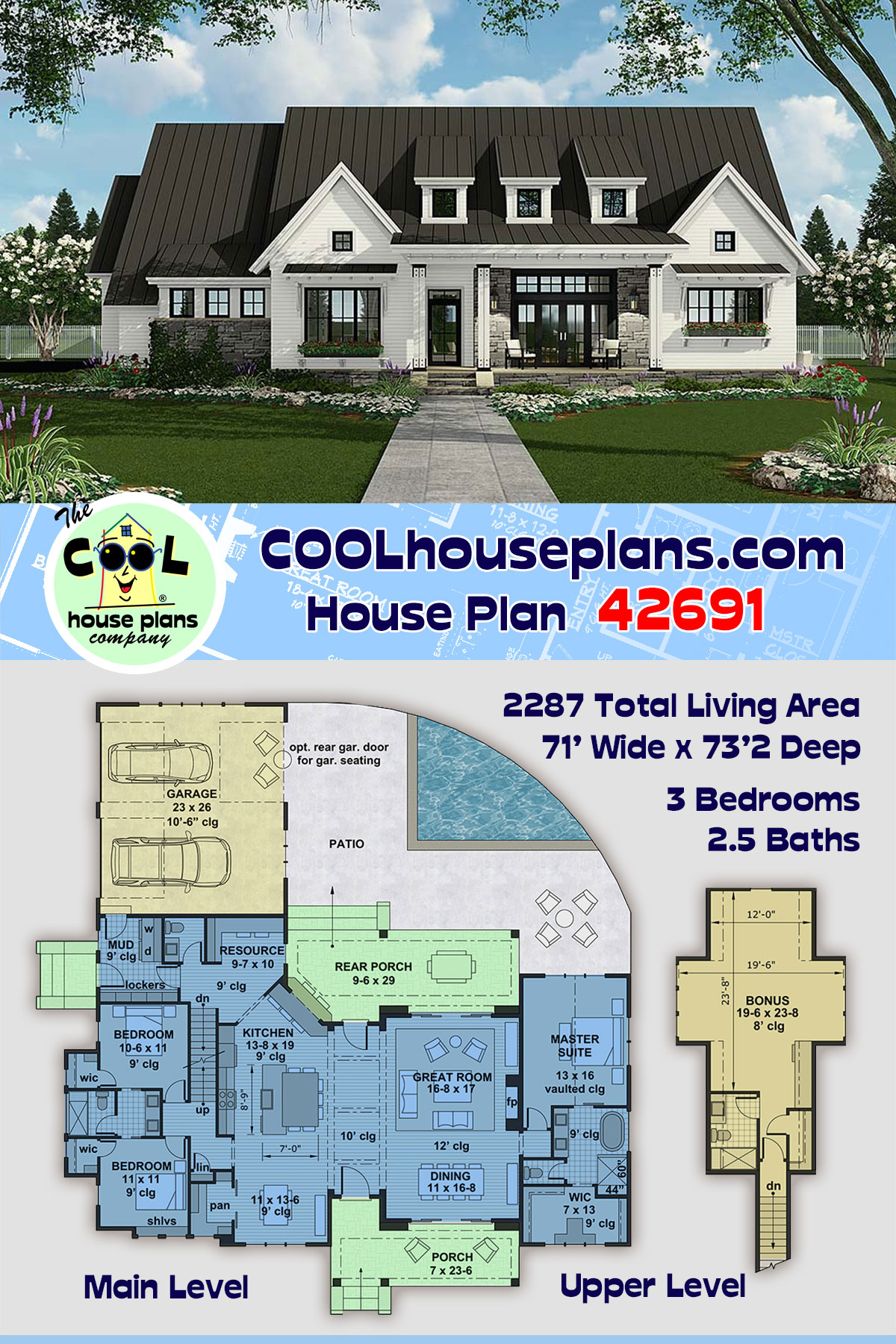 Country, Farmhouse, Traditional House Plan 42691 with 3 Beds, 3 Baths, 2 Car Garage