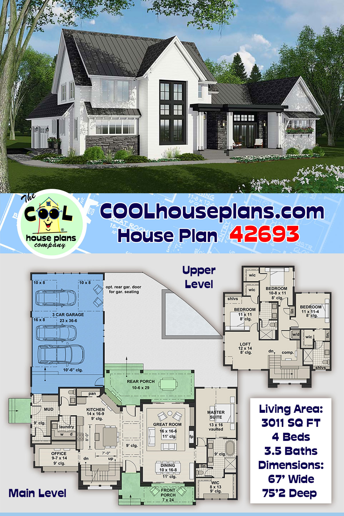 Country, Farmhouse House Plan 42693 with 4 Beds, 4 Baths, 3 Car Garage