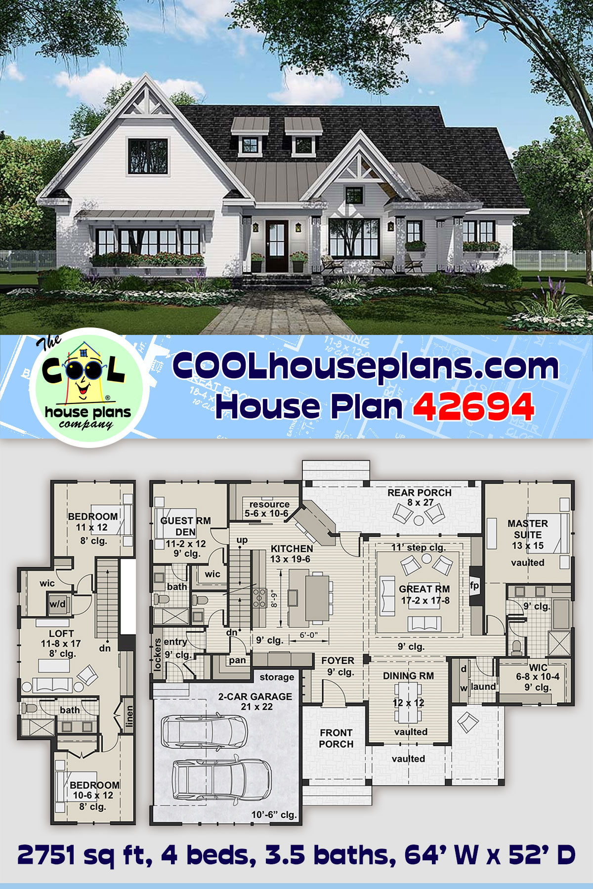 Bungalow, Country, Craftsman, Farmhouse, Traditional House Plan 42694 with 4 Beds, 4 Baths, 2 Car Garage