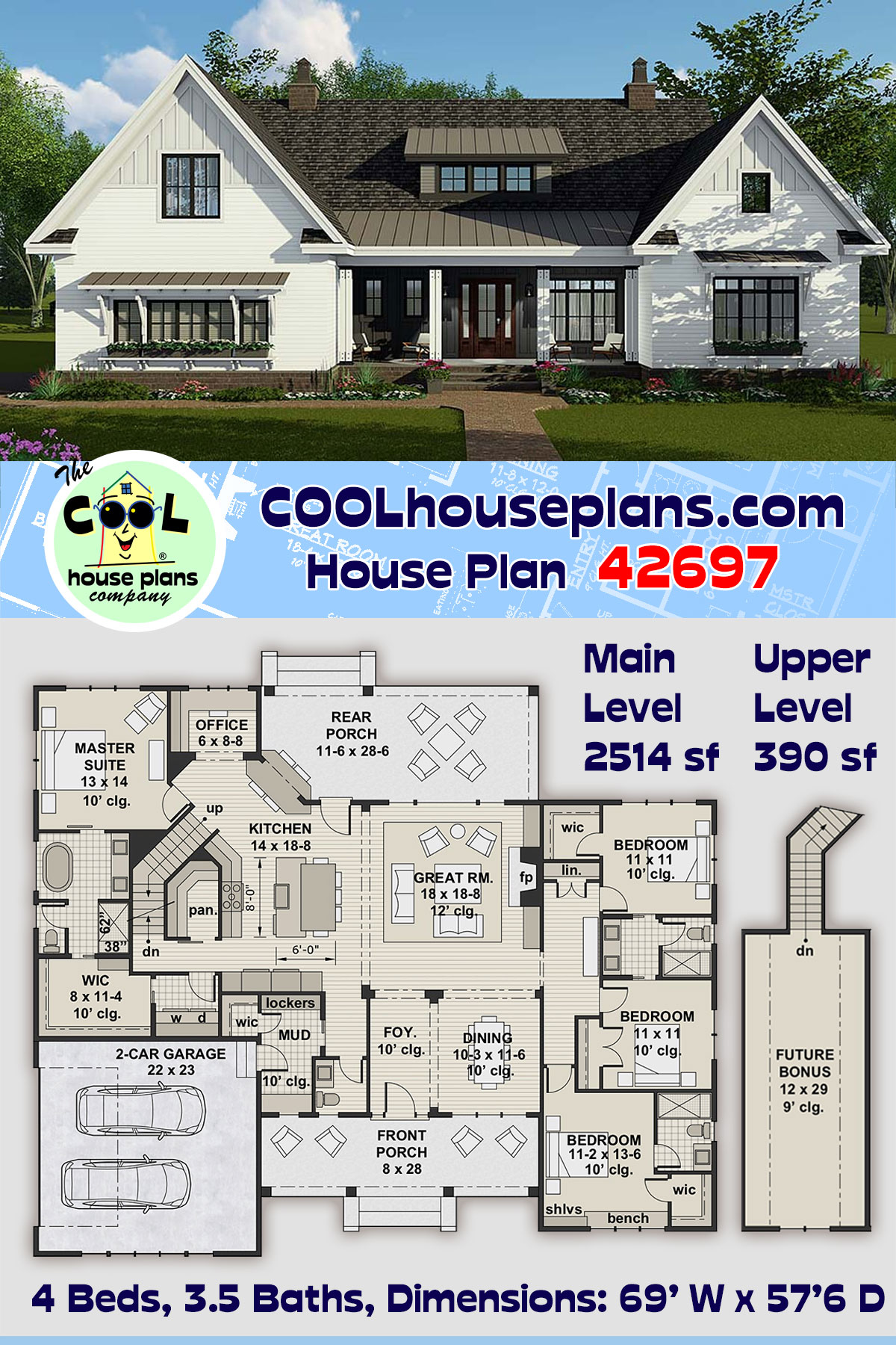 Country, Craftsman, Farmhouse House Plan 42697 with 4 Beds, 4 Baths, 2 Car Garage