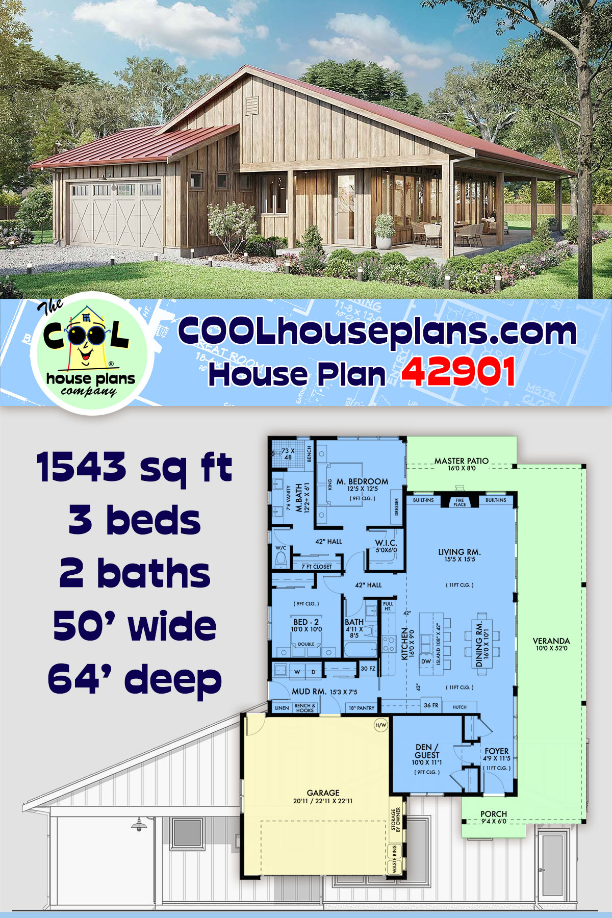 Barndominium, Country, Farmhouse House Plan 42901 with 3 Beds, 2 Baths, 2 Car Garage