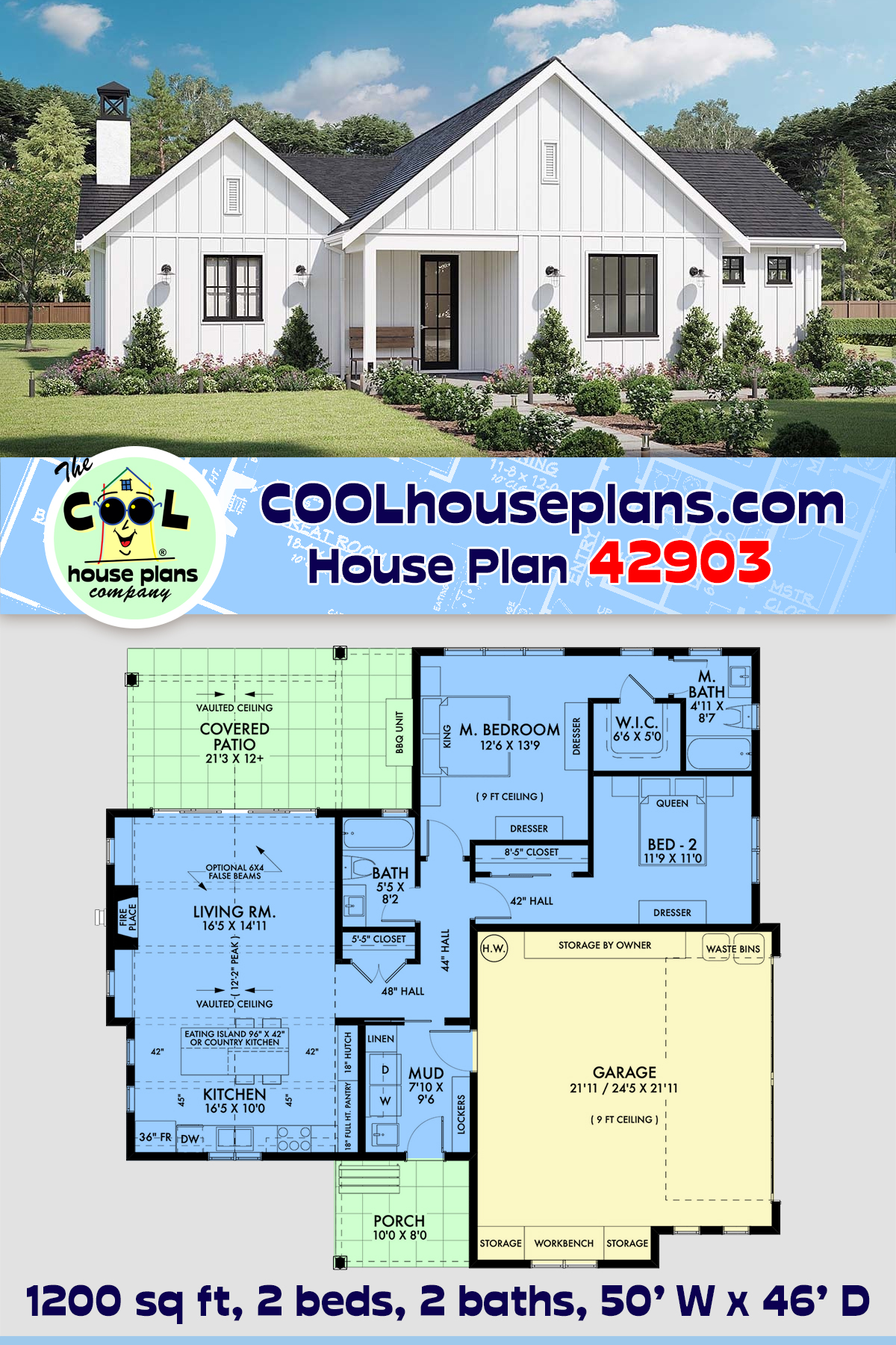 Country, Farmhouse, Ranch House Plan 42903 with 2 Beds, 2 Baths, 2 Car Garage