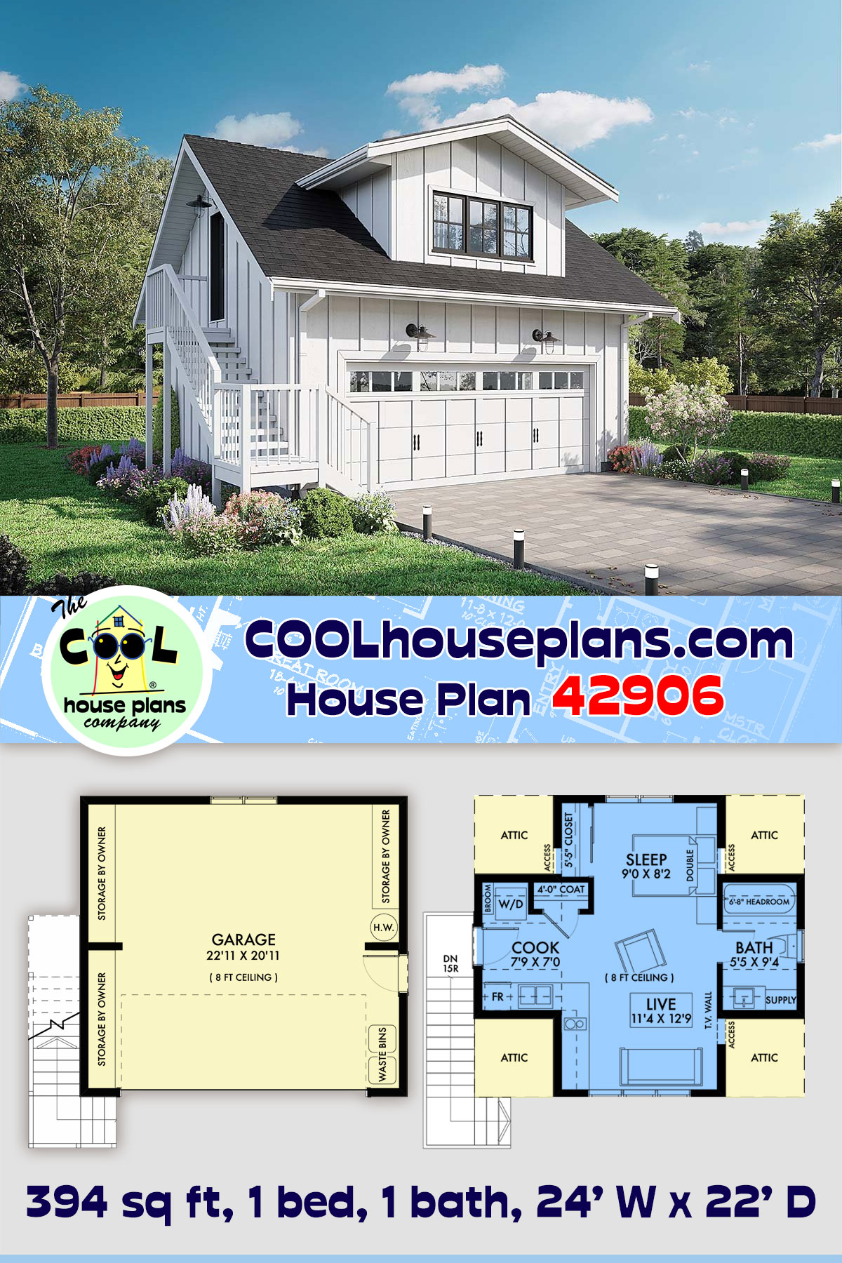 Cottage, Country, Farmhouse Garage-Living Plan 42906 with 1 Beds, 1 Baths, 2 Car Garage