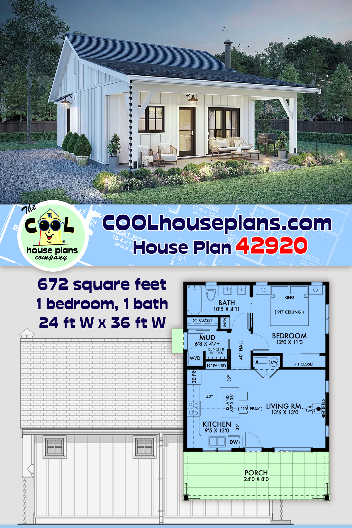 Cabin, Farmhouse House Plan 42920 with 1 Beds, 1 Baths