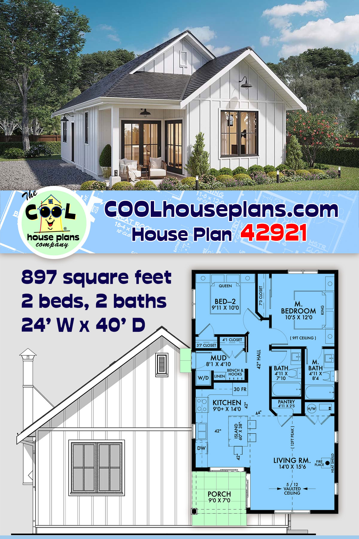 Cabin, Country, Farmhouse, One-Story House Plan 42921 with 2 Beds, 2 Baths