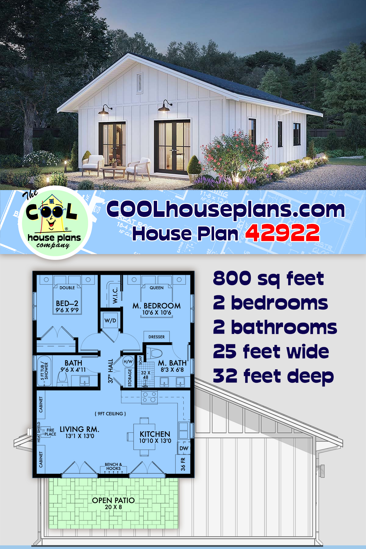 Cottage, Country, Farmhouse House Plan 42922 with 2 Beds, 2 Baths