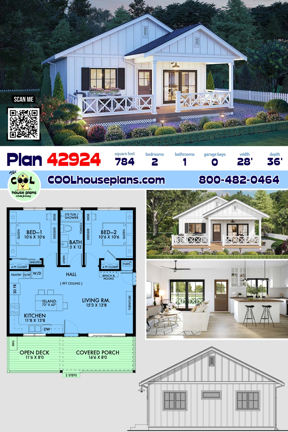 Bungalow, Farmhouse House Plan 42924 with 2 Beds, 1 Baths