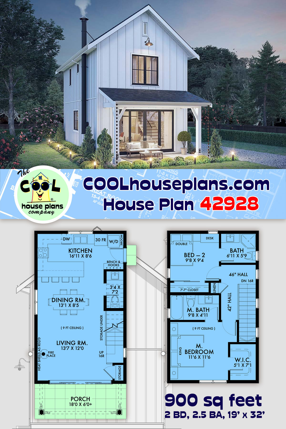 Country, Farmhouse House Plan 42928 with 2 Beds, 3 Baths