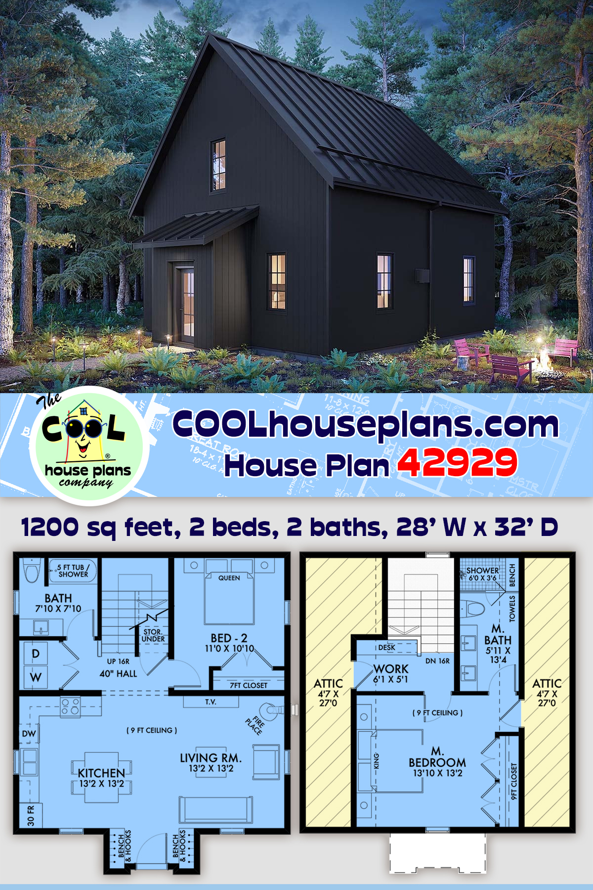 Contemporary House Plan 42929 with 2 Beds, 2 Baths