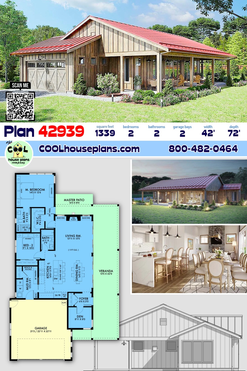 Barndominium, Country, Farmhouse House Plan 42939 with 2 Beds, 2 Baths, 2 Car Garage