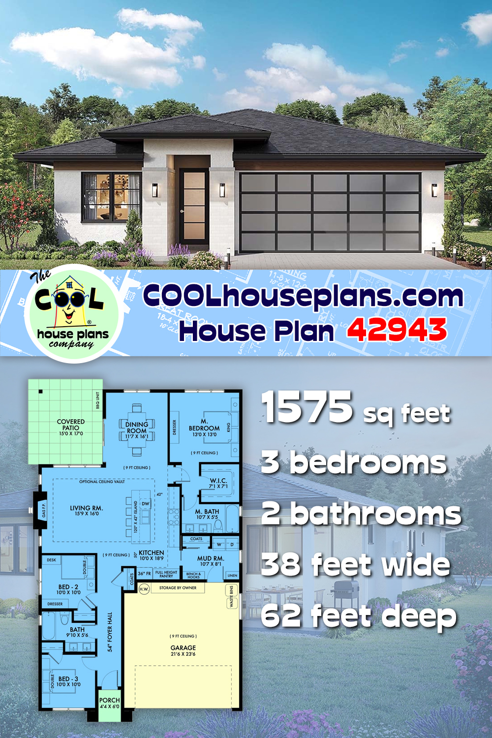 Contemporary, Prairie, Ranch House Plan 42943 with 3 Beds, 2 Baths, 2 Car Garage