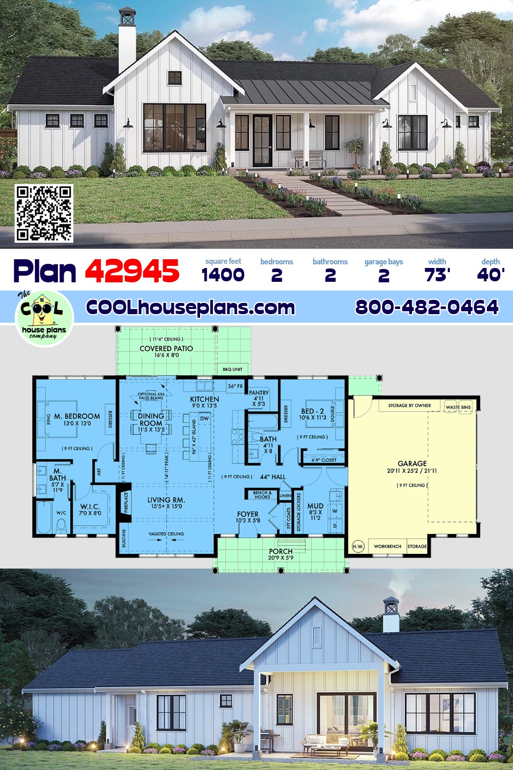 Country, Farmhouse, New American, Ranch, Traditional House Plan 42945 with 2 Beds, 2 Baths, 2 Car Garage