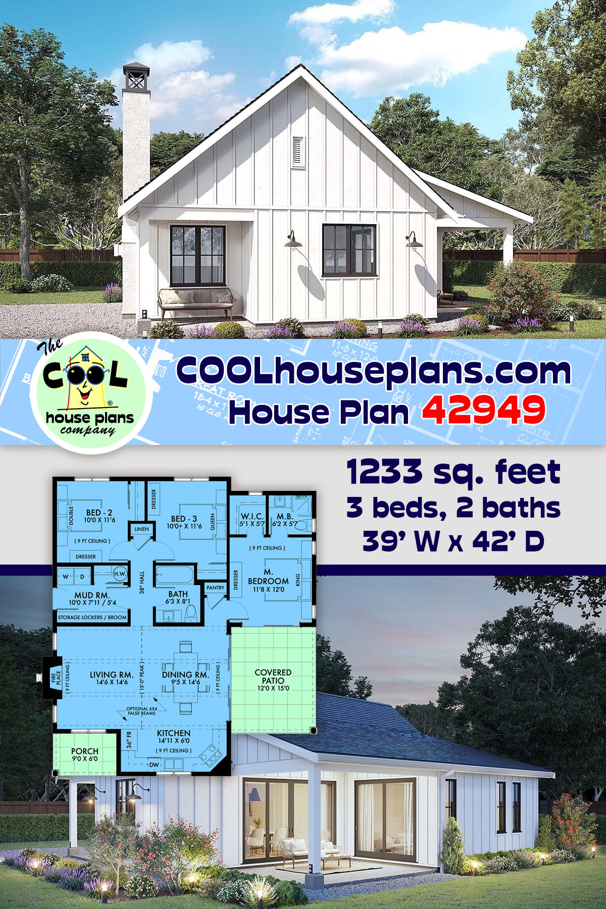 Cottage, Country, Farmhouse House Plan 42949 with 3 Beds, 2 Baths