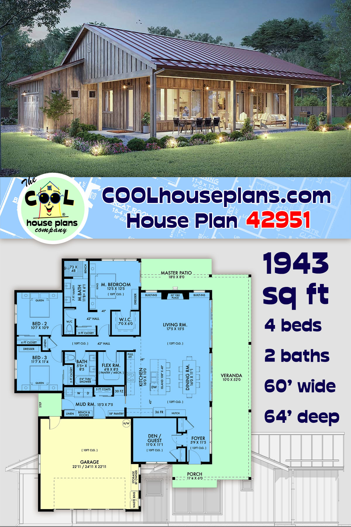 Cabin, Country House Plan 42951 with 4 Beds, 2 Baths, 2 Car Garage