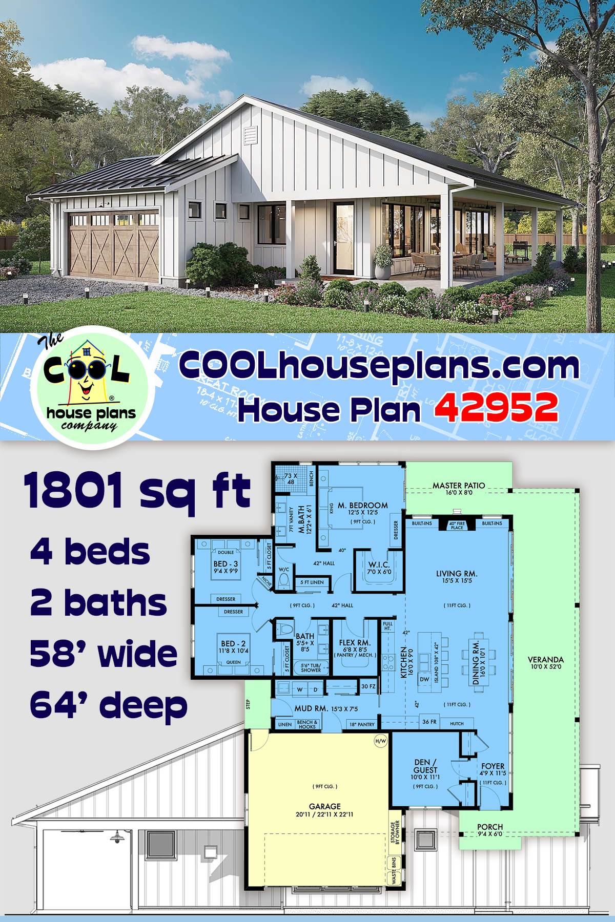 Barndominium, Country, Farmhouse, Ranch House Plan 42952 with 4 Beds, 2 Baths, 2 Car Garage