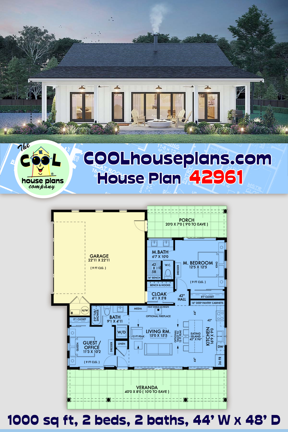 Cottage, Country, Farmhouse, Southern House Plan 42961 with 2 Beds, 2 Baths, 2 Car Garage