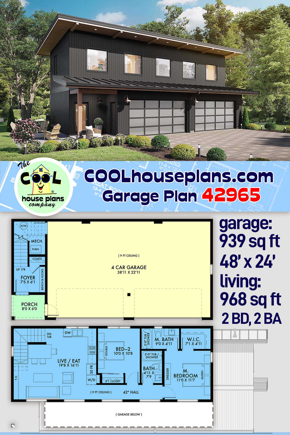Contemporary, Modern Garage-Living Plan 42965 with 2 Beds, 2 Baths, 4 Car Garage