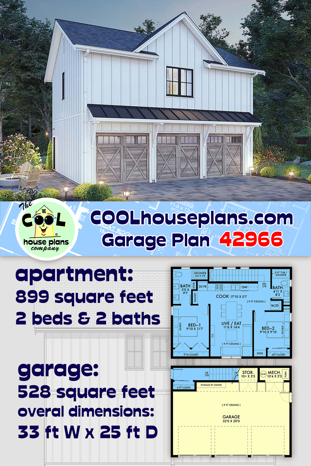 Cottage, Country, Farmhouse, New American, Traditional Garage-Living Plan 42966 with 2 Beds, 2 Baths, 3 Car Garage