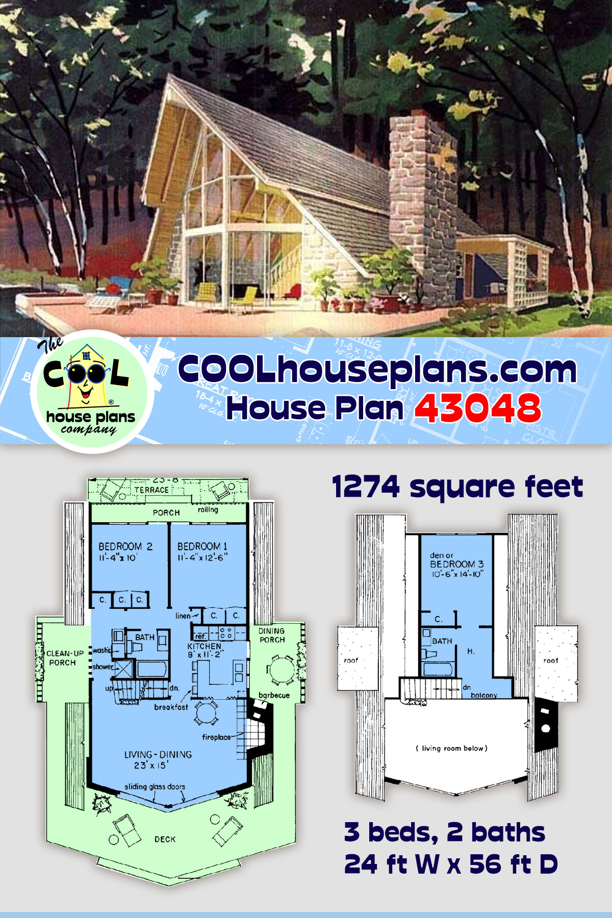 A-Frame House Plan 43048 with 3 Beds, 2 Baths