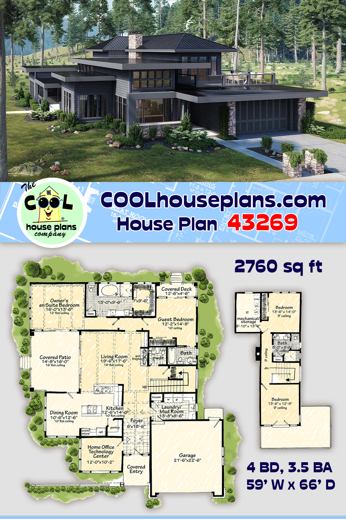 Contemporary, Modern House Plan 43269 with 4 Beds, 4 Baths, 2 Car Garage
