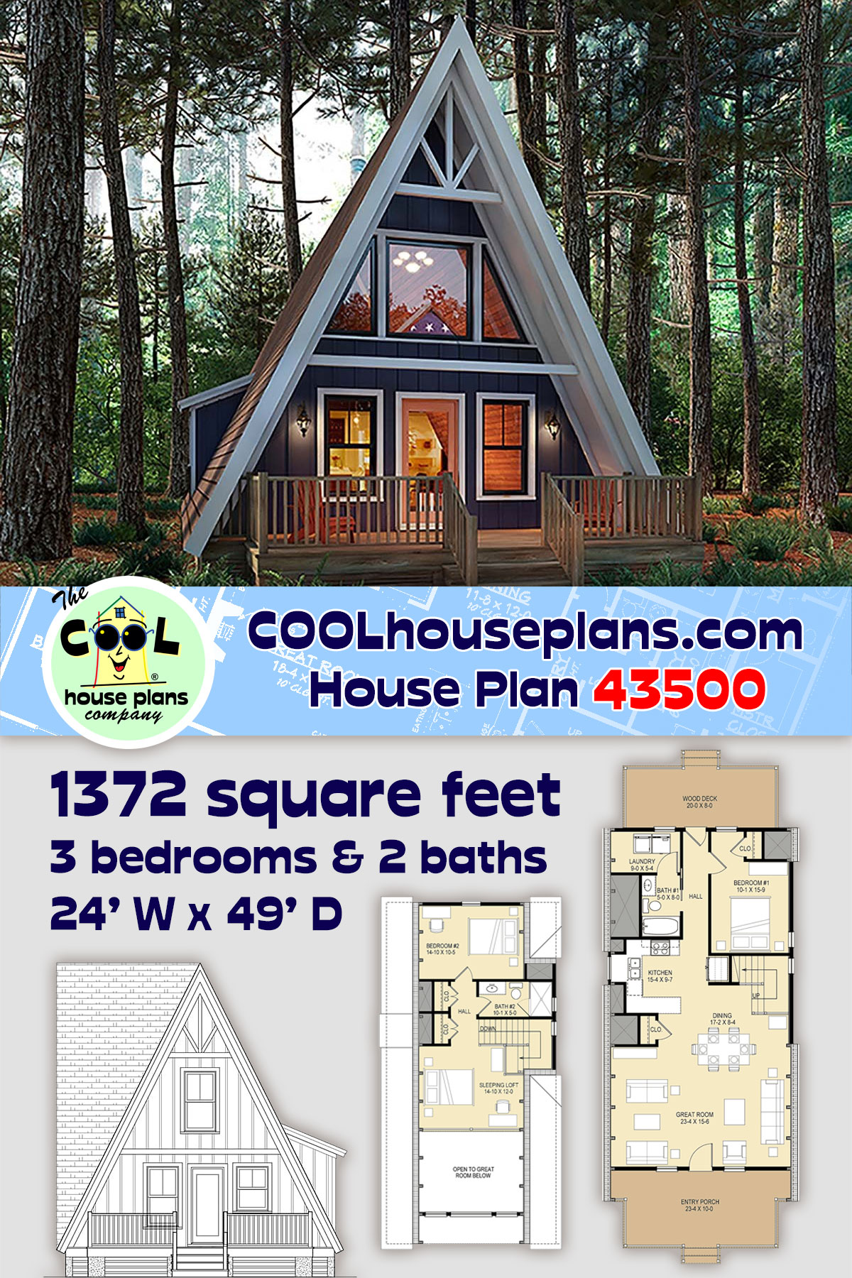 A-Frame House Plan 43500 with 3 Beds, 2 Baths