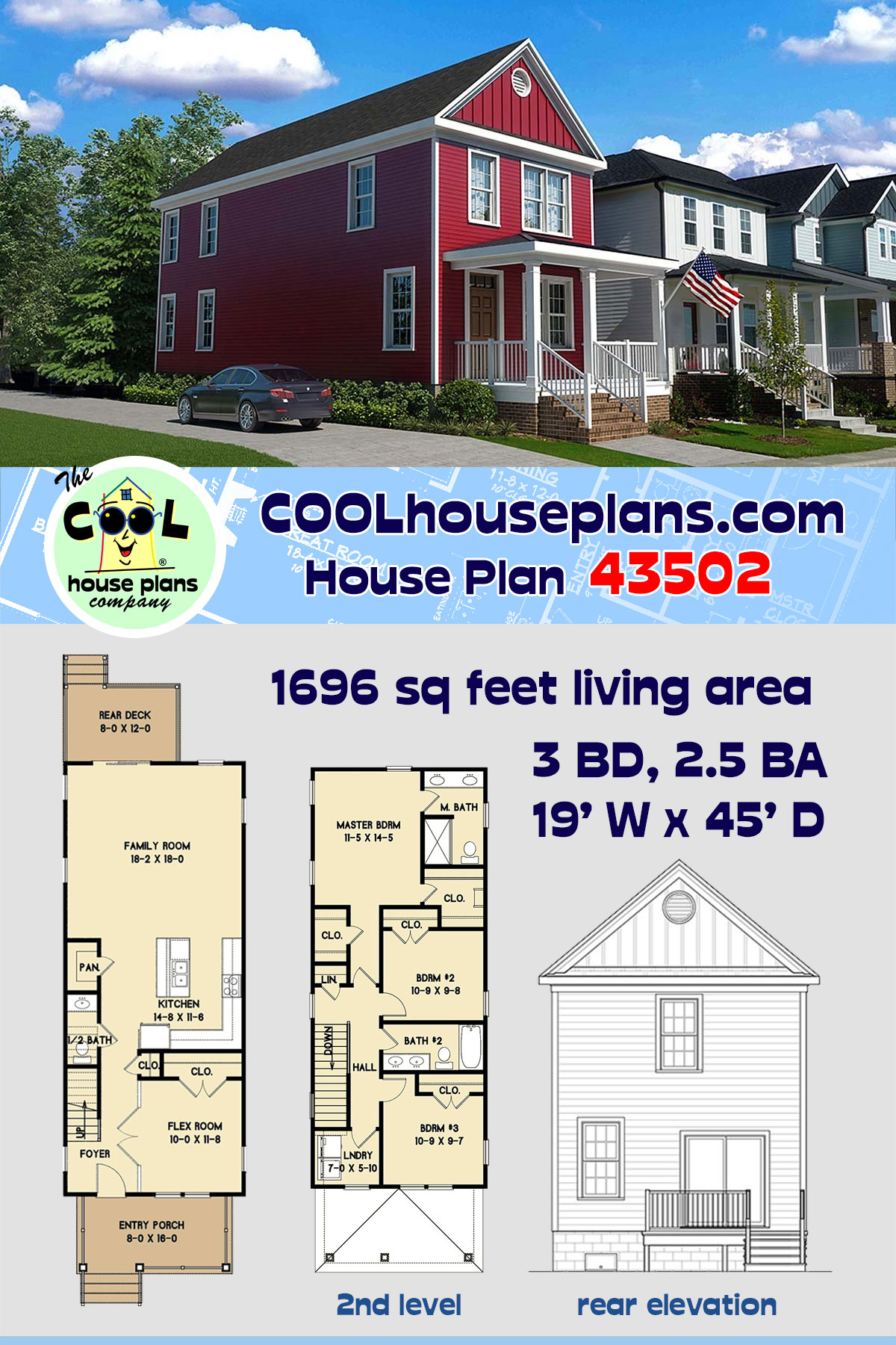 Colonial, Narrow Lot, Traditional House Plan 43502 with 3 Beds, 3 Baths