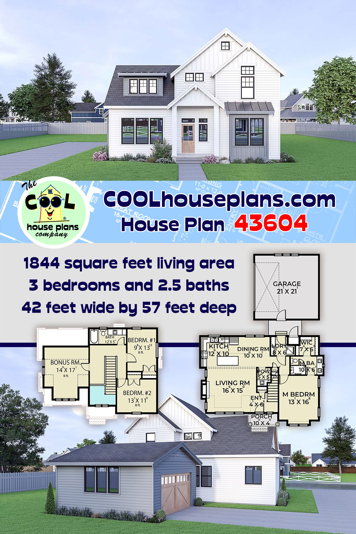 Contemporary, Country, Craftsman, Farmhouse House Plan 43604 with 3 Beds, 3 Baths, 2 Car Garage