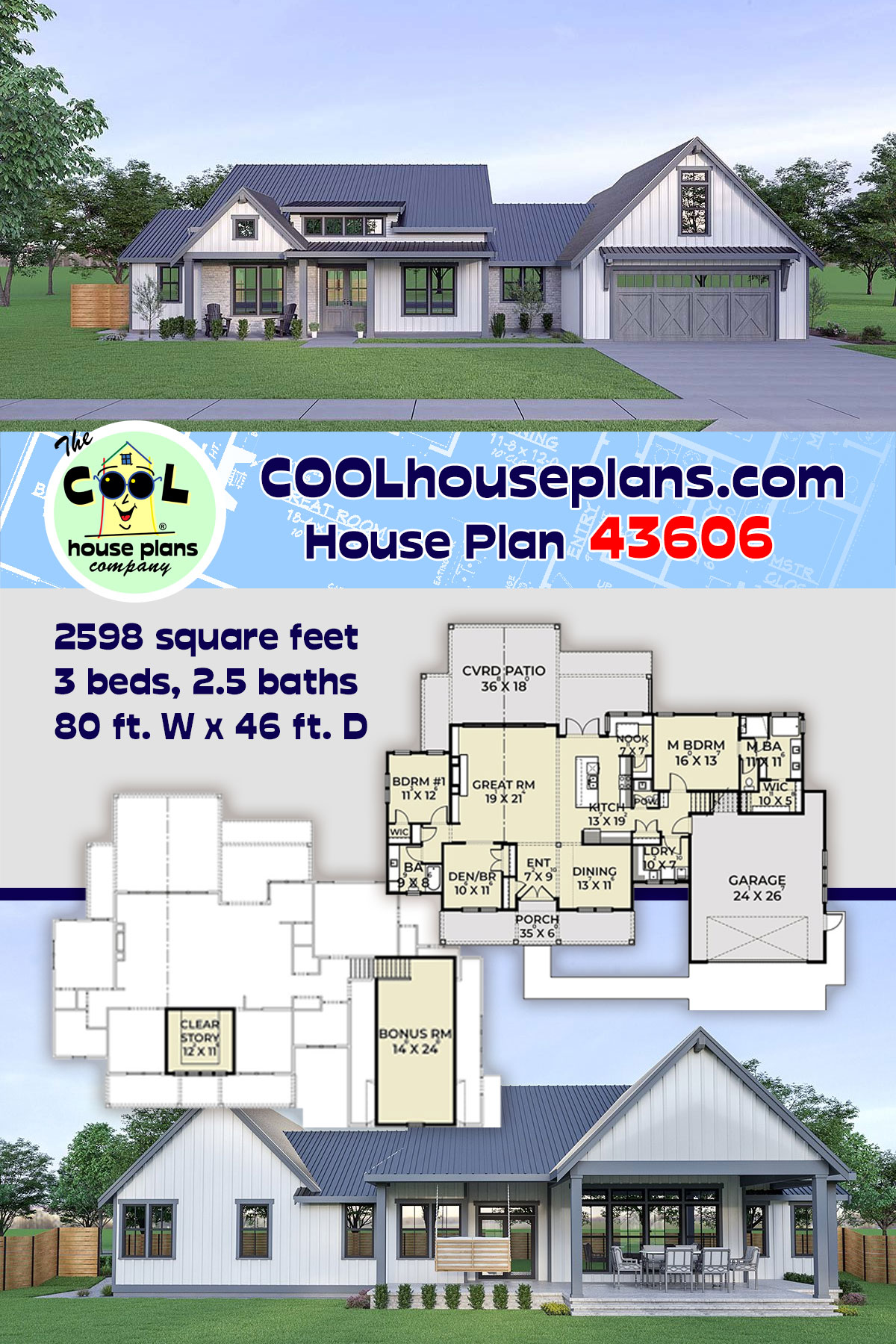 Contemporary, Country, Farmhouse, Ranch House Plan 43606 with 3 Beds, 3 Baths, 2 Car Garage