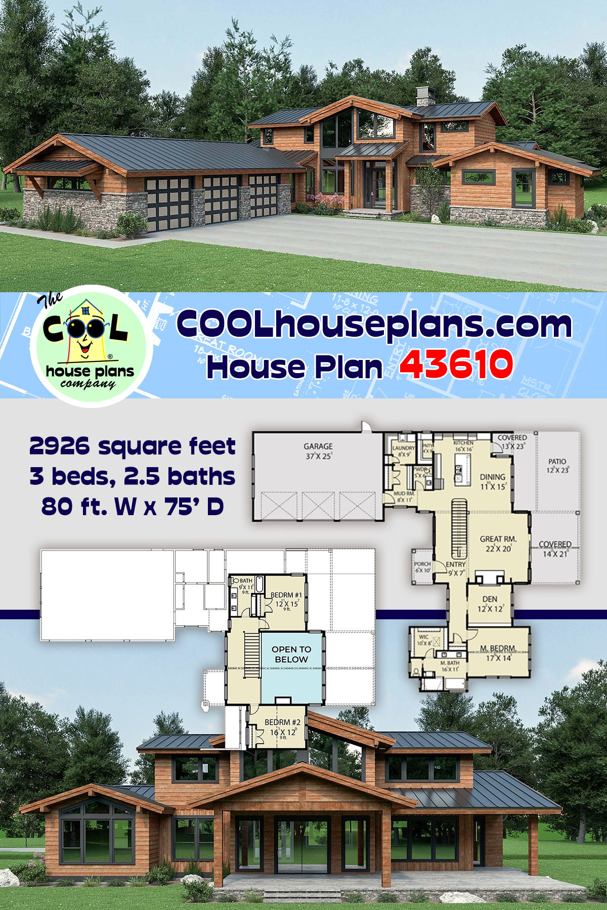 Contemporary House Plan 43610 with 3 Beds, 3 Baths, 3 Car Garage