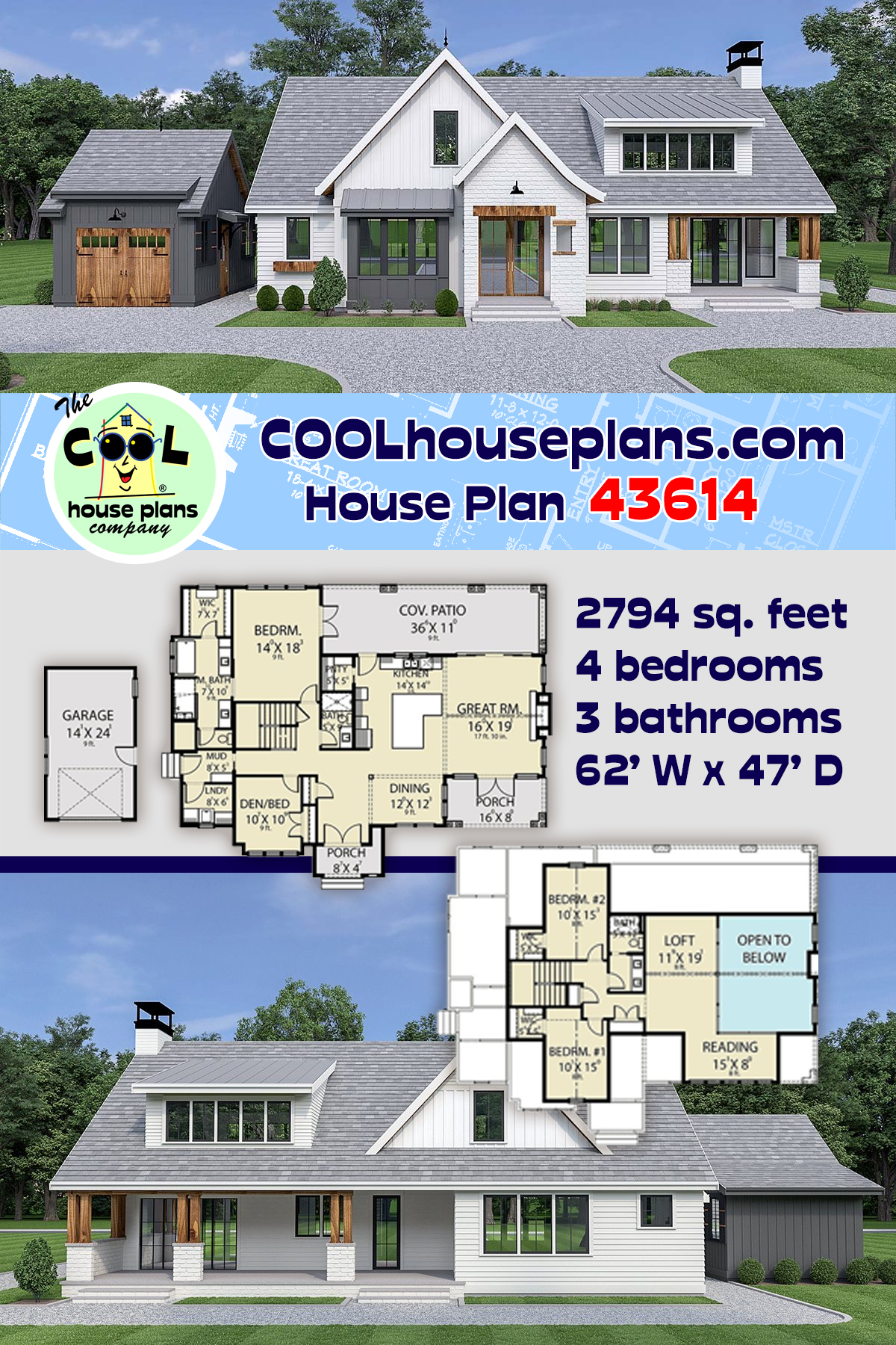 Cottage, Farmhouse House Plan 43614 with 4 Beds, 3 Baths, 1 Car Garage