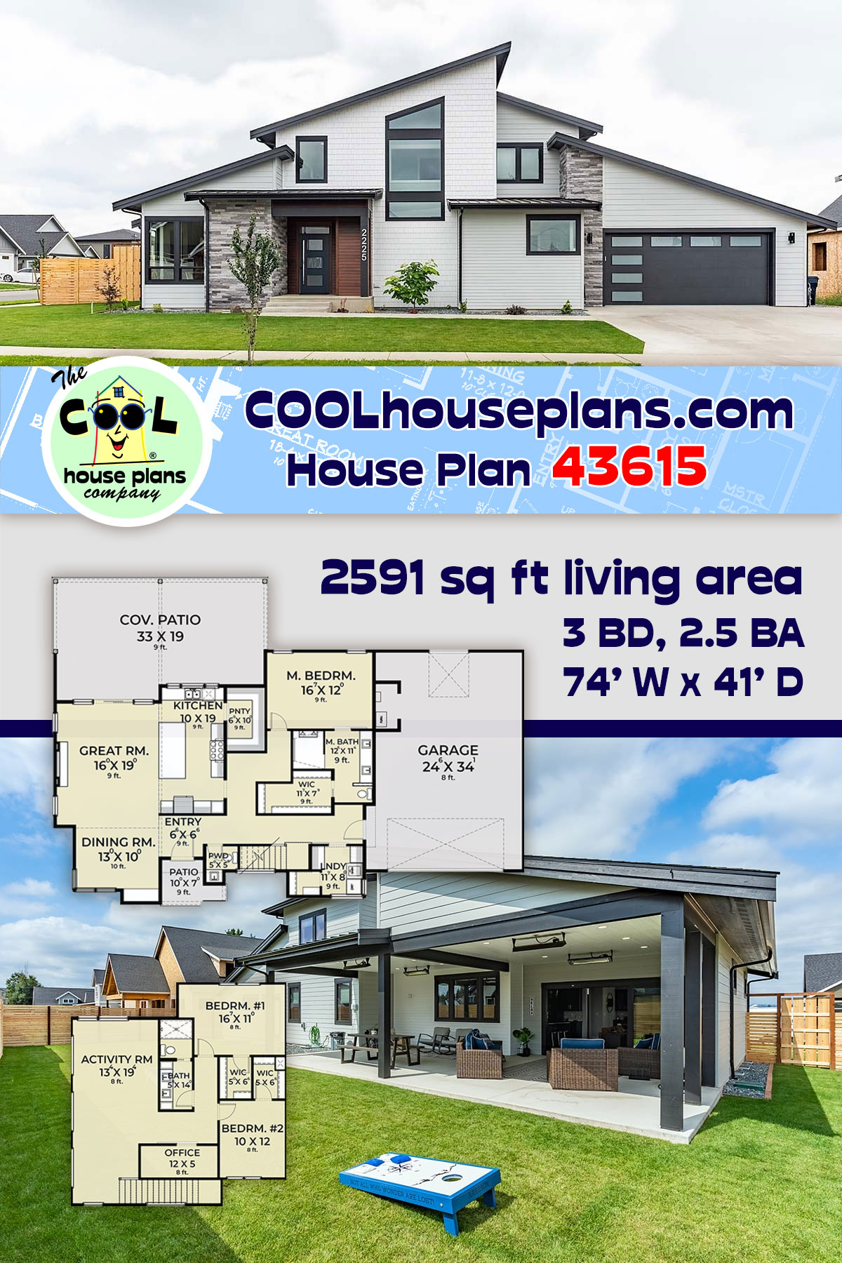Contemporary House Plan 43615 with 3 Beds, 3 Baths, 2 Car Garage