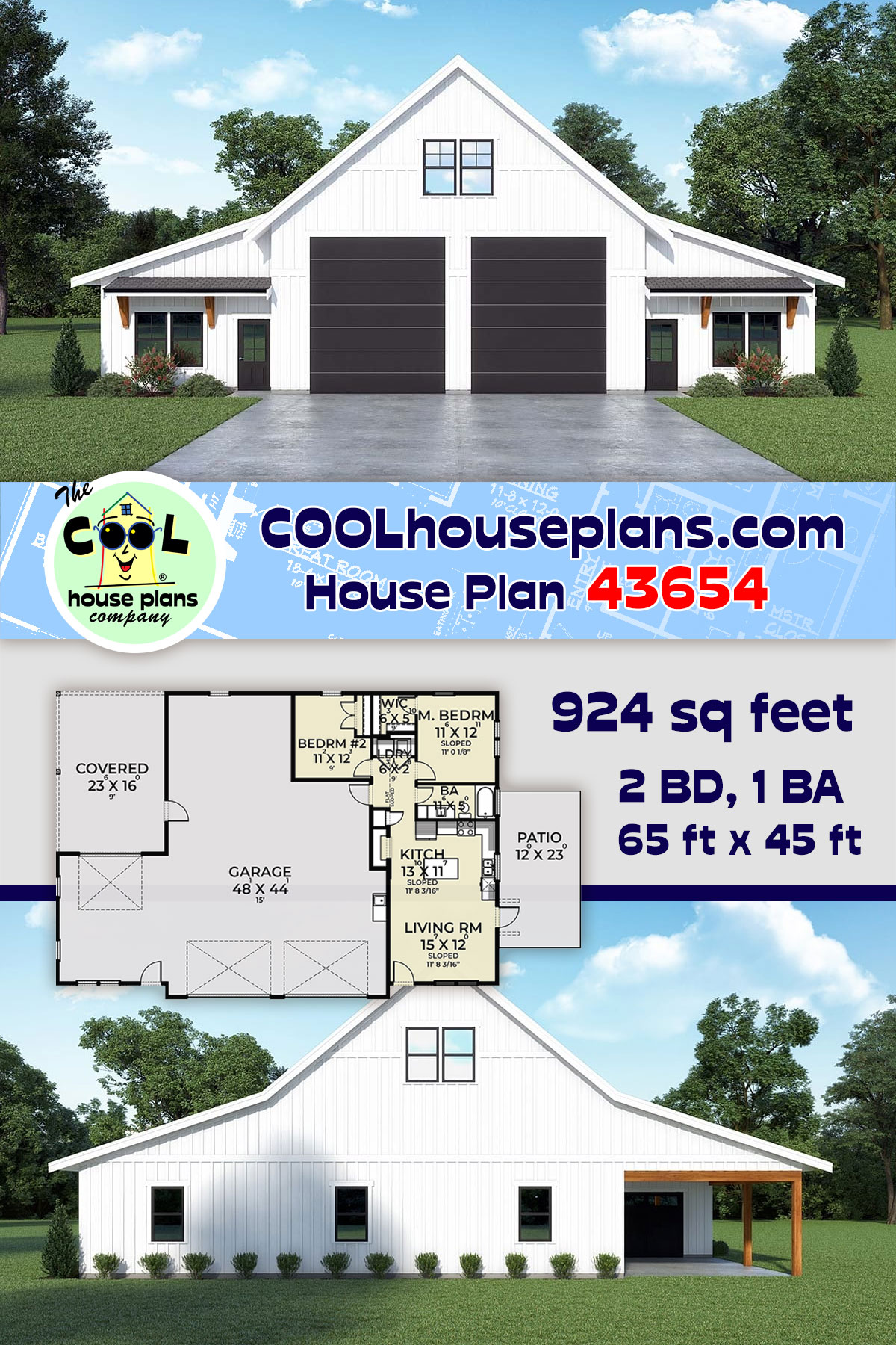 Barndominium Garage-Living Plan 43654 with 2 Beds, 1 Baths, 3 Car Garage