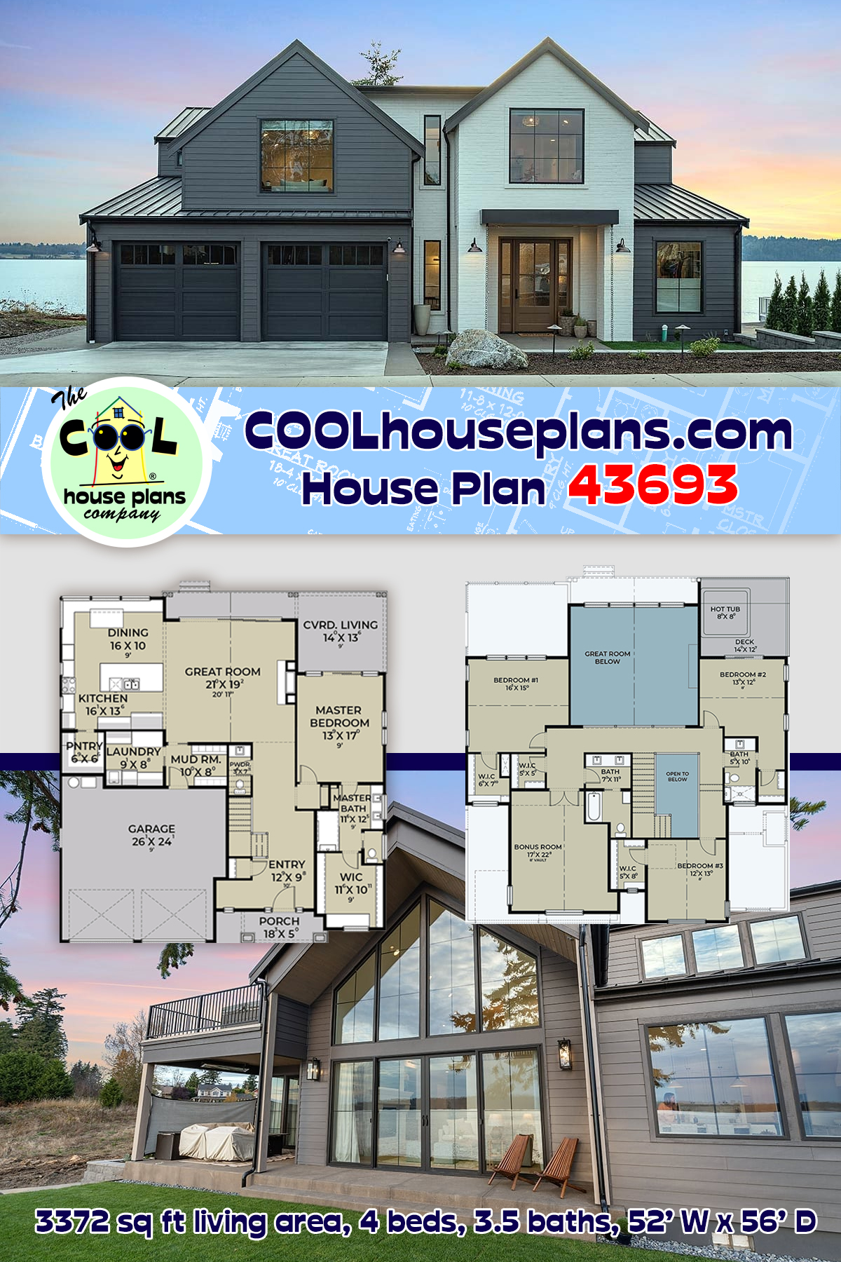 Coastal, Contemporary, Farmhouse House Plan 43693 with 4 Beds, 4 Baths, 2 Car Garage