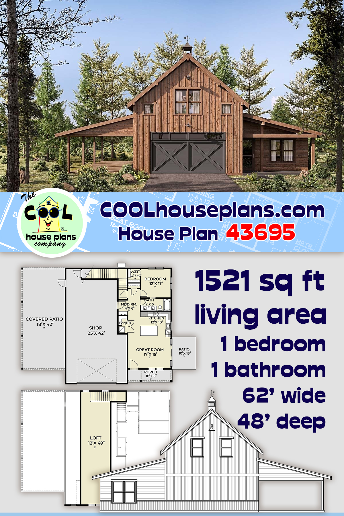 Barndominium Garage-Living Plan 43695 with 1 Beds, 1 Baths, 2 Car Garage