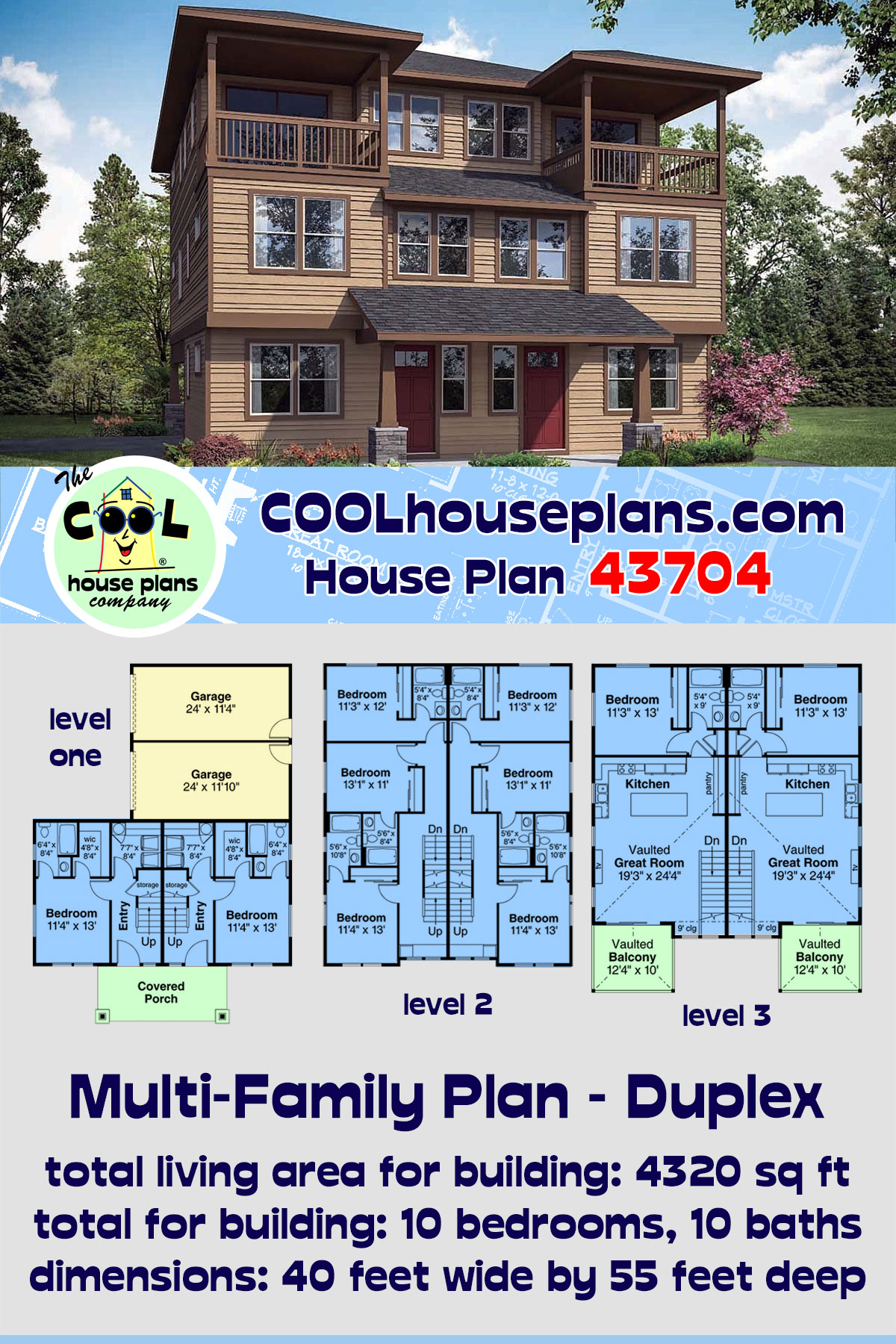Traditional Multi-Family Plan 43704 with 10 Beds, 10 Baths, 2 Car Garage