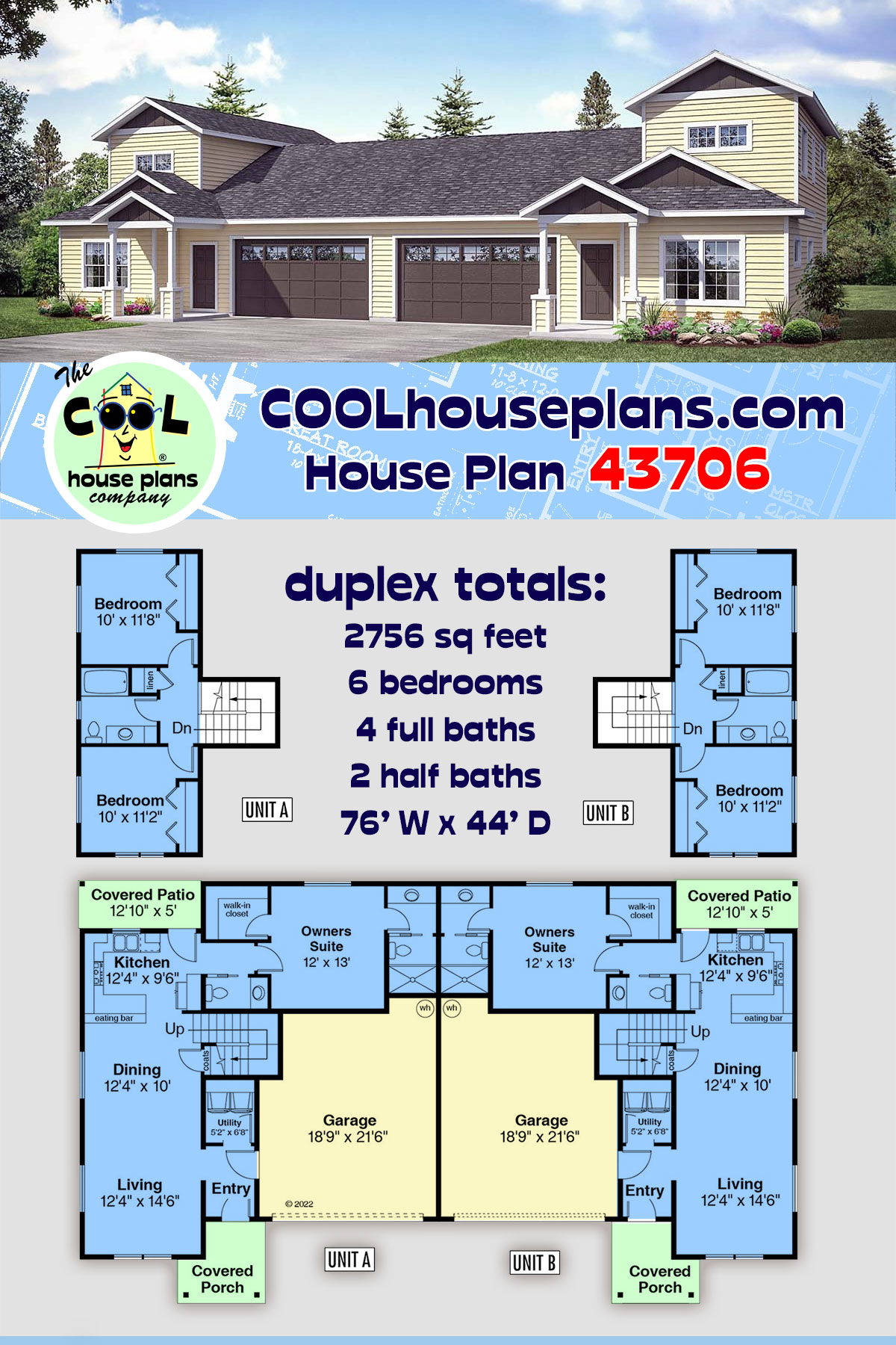 Cottage, Country, Traditional Multi-Family Plan 43706 with 6 Beds, 6 Baths, 4 Car Garage