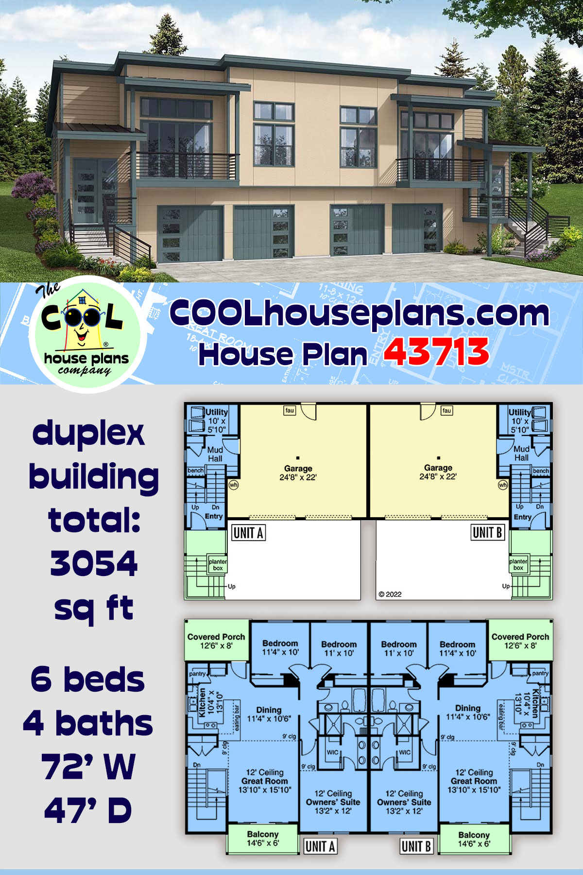 Contemporary, Modern, Prairie Multi-Family Plan 43713 with 6 Beds, 4 Baths, 4 Car Garage