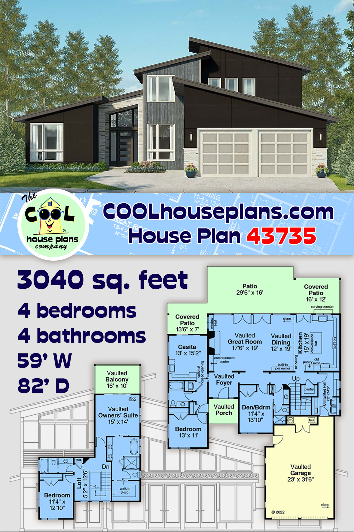Contemporary, Modern House Plan 43735 with 4 Beds, 4 Baths, 2 Car Garage