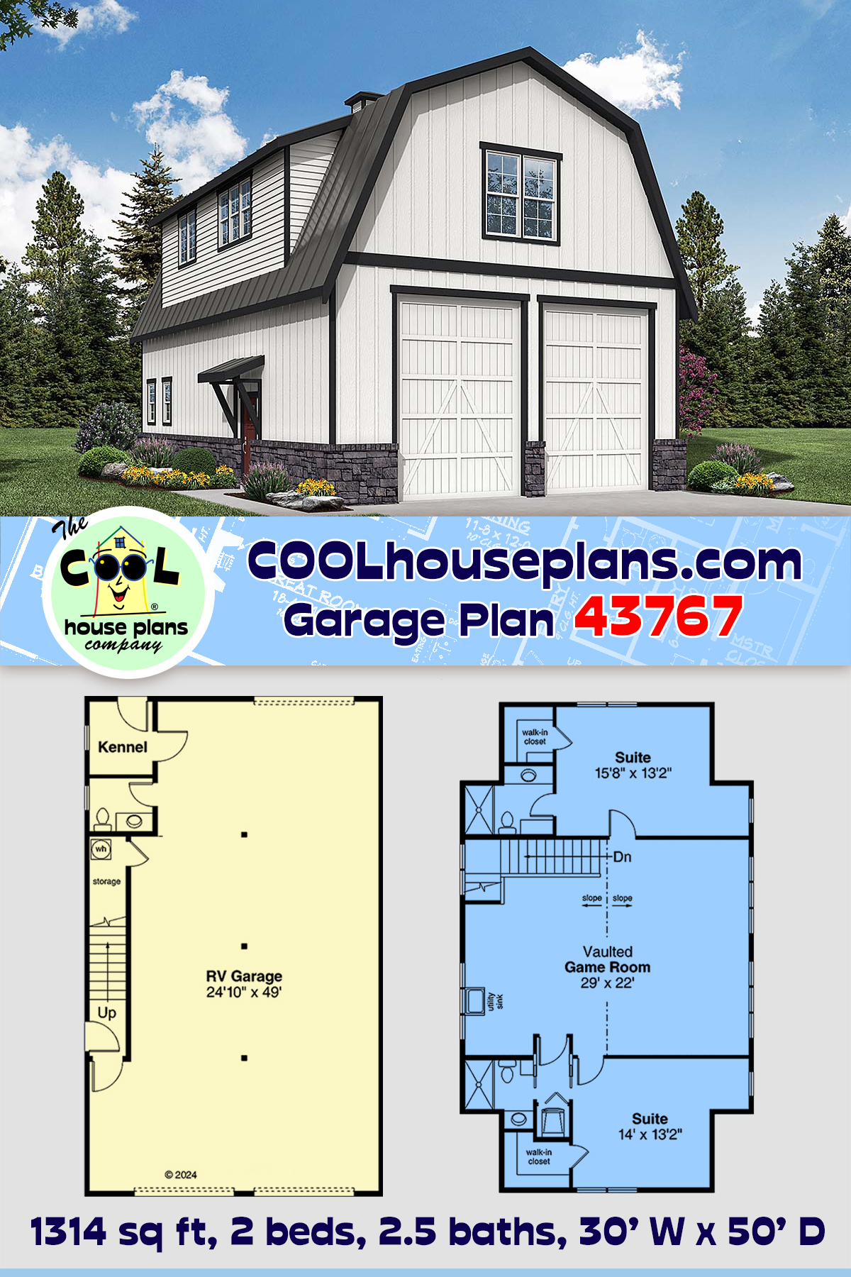 Country Garage-Living Plan 43767 with 2 Beds, 3 Baths, 3 Car Garage